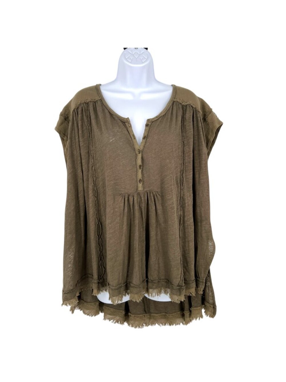Free People Aster High-Low Henley Tunic Top Size XS Olive Green Linen Blend